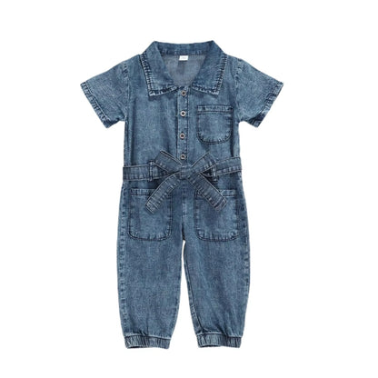 Hot Sale Summer Baby Girls Jumpsuit – Solid, Short-Sleeve Denim Bodysuit