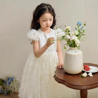 Girls' Princess Evening Dress – Pearl Rhinestone Mesh (Backless, Summer Chiffon)