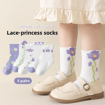 Girls' Purple Flower Cotton Socks – Anti-Odor, Breathable (Student)