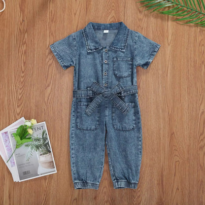 Hot Sale Summer Baby Girls Jumpsuit – Solid, Short-Sleeve Denim Bodysuit