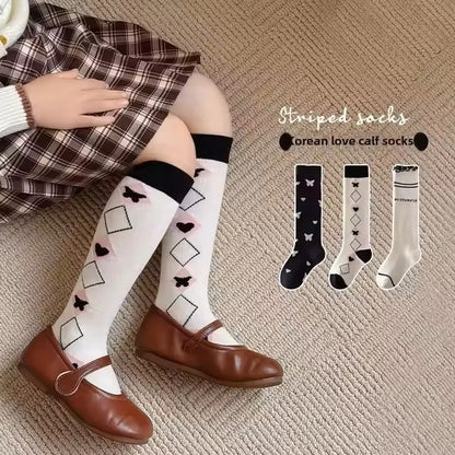 Girls' Cute Calf Socks – Long Tube (3-12 Years, Butterfly & Bow)