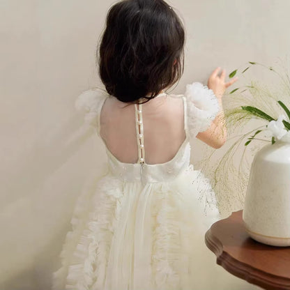 Girls' Princess Evening Dress – Pearl Rhinestone Mesh (Backless, Summer Chiffon)