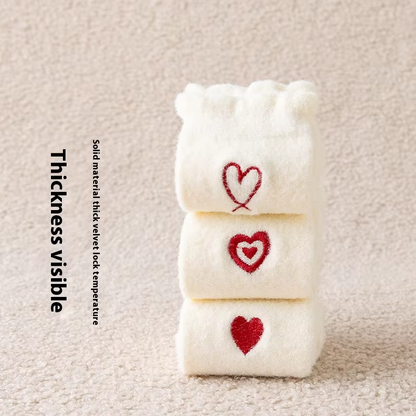 Girls' Pure Color Velvet Cotton Socks – Embroidered Heart (Double-Sided Warm, Thickened)