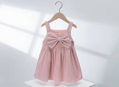 Ins Popular Spring/Summer Korean Kids' Corduroy Bow Strap Dress
