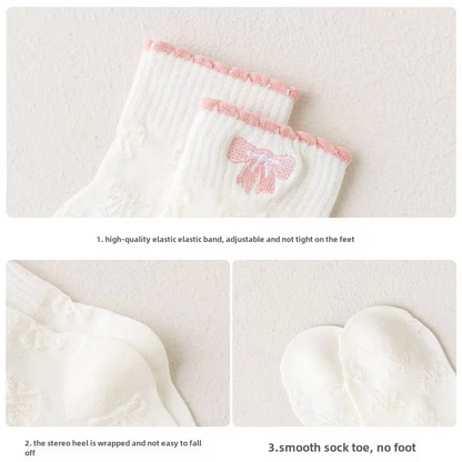 Toddler Girls' White Cotton Socks – Mesh Boat Style (Princess Embroidered, Letters) Spring/Summer