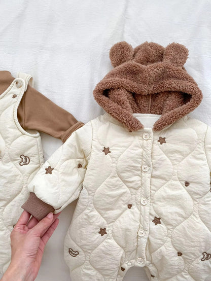 Winter Baby Hooded Romper – Thickened Organic Cotton, Oversized Bubble Ruffle