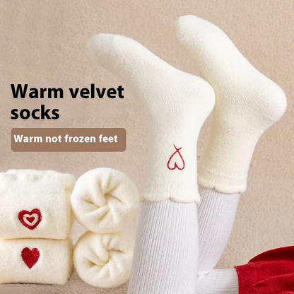 Girls' Pure Color Velvet Cotton Socks – Embroidered Heart (Double-Sided Warm, Thickened)