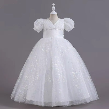 Girls' Princess Long Wedding Dress – Bubble Sleeve, Venus-Cut