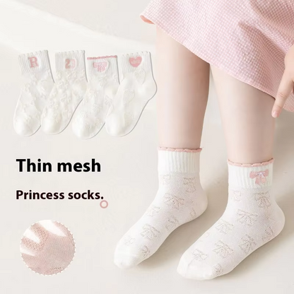 Toddler Girls' White Cotton Socks – Mesh Boat Style (Princess Embroidered, Letters) Spring/Summer