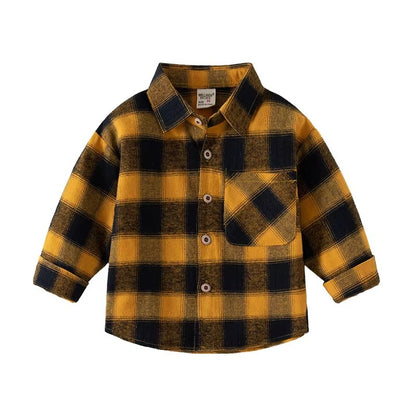 Korean-Style Boys' Plaid Long-Sleeve Shirts – New Spring (Lapel, Cotton, Comfortable)